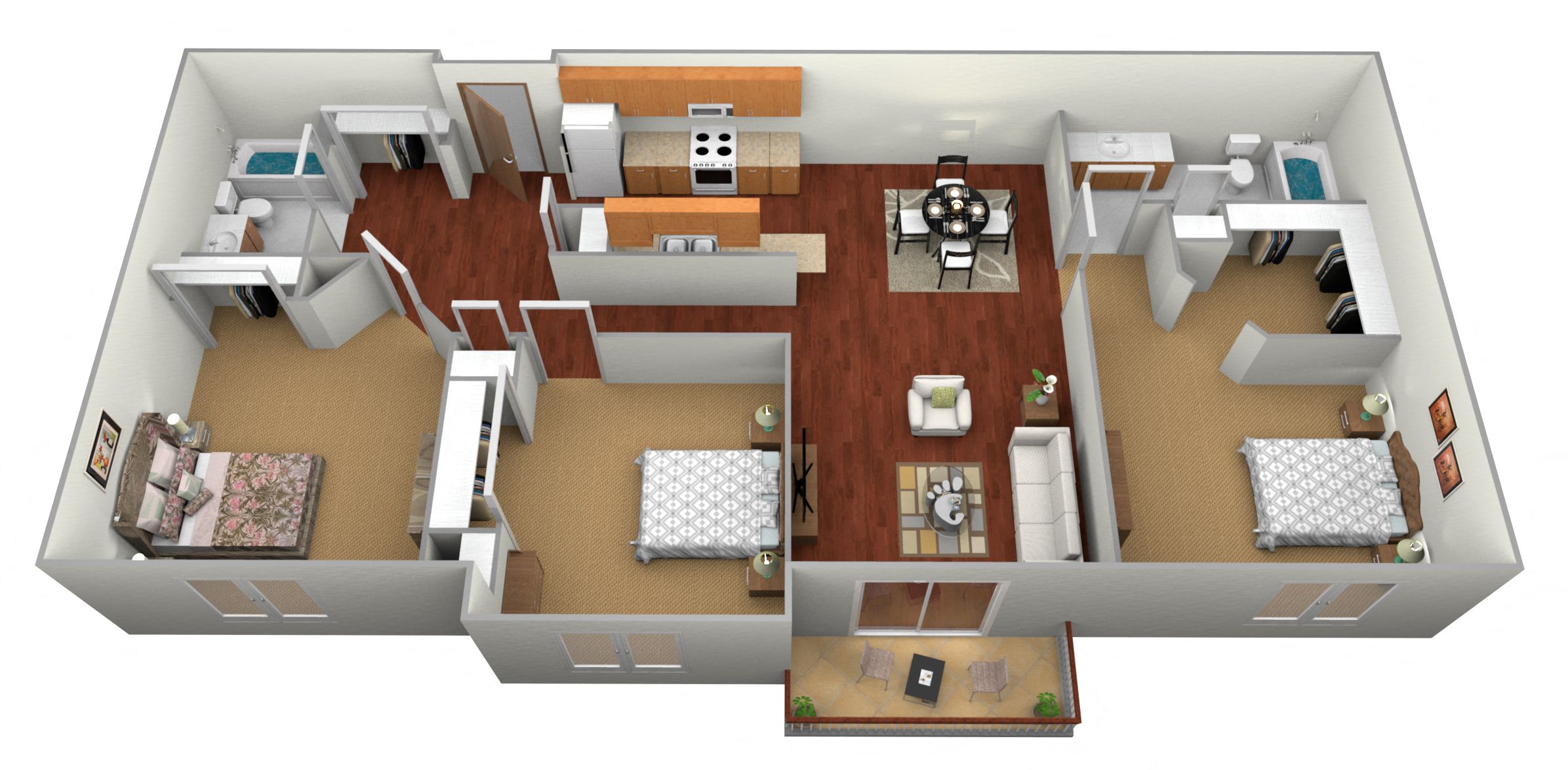 Floor plan for 3 beds, 2 baths, 1416 sqft